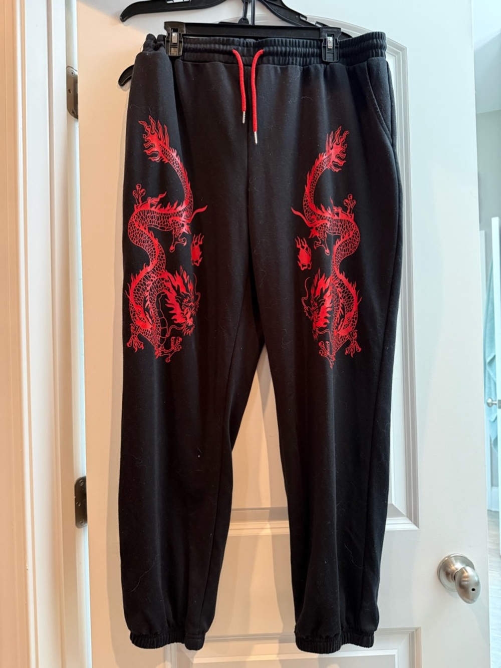 Black Jogger Pants with Red Dragon Print